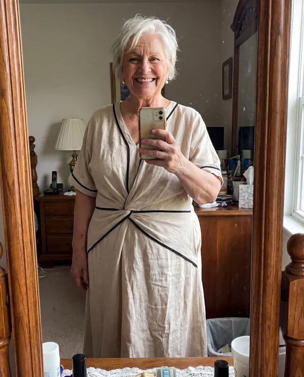Vintage-Inspired Satin Midi Dress With Draped Collar – Olivia & Claire New York